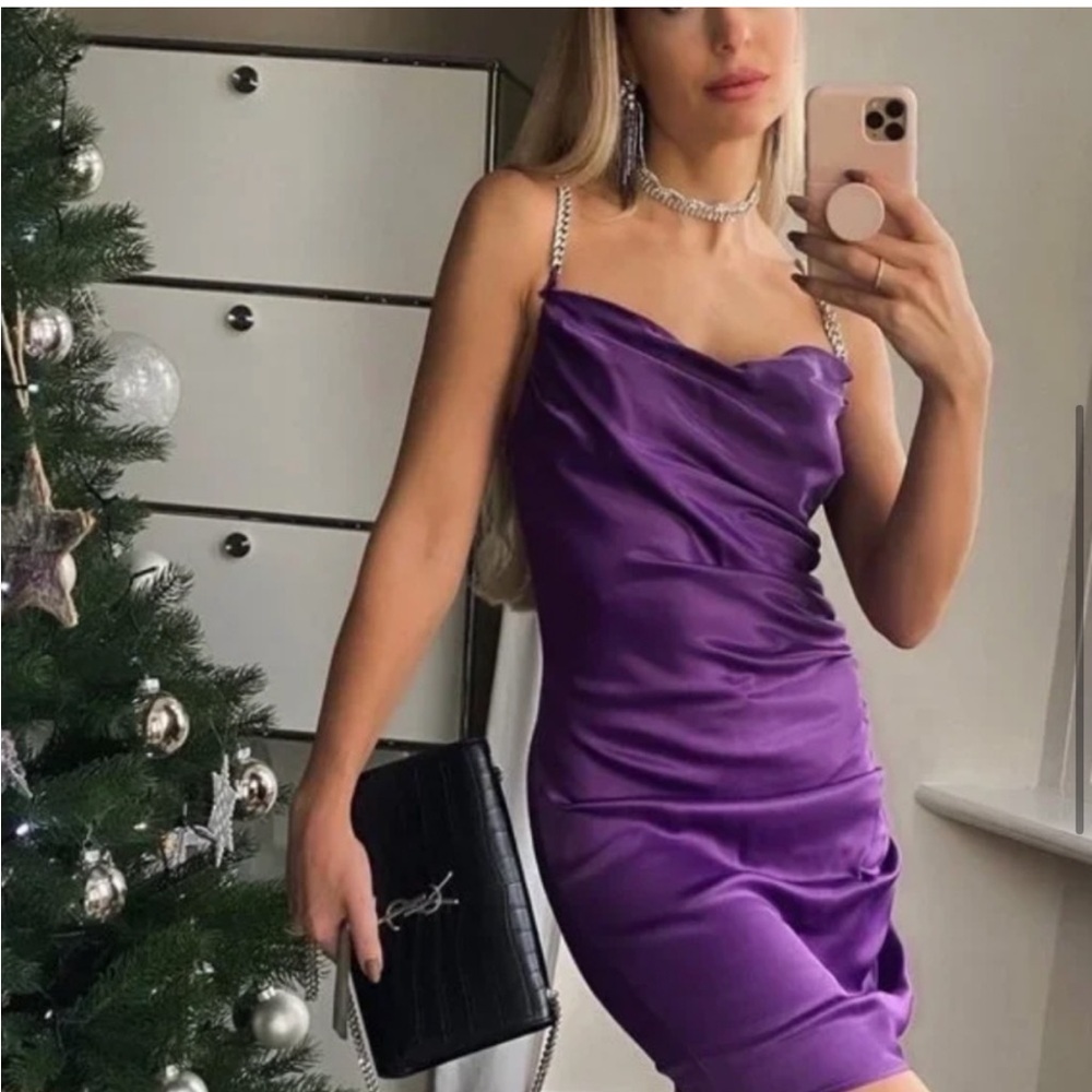 Zara Satin Mini Dress With Chain Straps Purple Size Medium Blogger Favorite